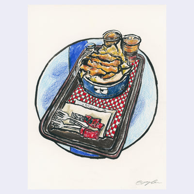 Illustration of a tray with fish and chips on it.