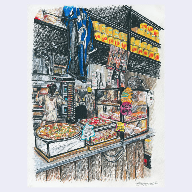Colored pencil illustration of a busy pizza place, seen from the counter showing the workers and prep behind.