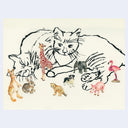 Illustration of a cat surrounded by various animals on a light yellow background