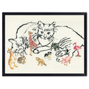 Illustration of a cat surrounded by various animals on a light yellow background