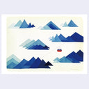 Illustration of blue mountains with a red gondola being ridden from one mountain range to another on a light beige background