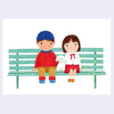 Illustration of two children sitting on a bench with a dog, wearing colorful clothing.