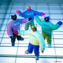 Four colorful action figures in vibrant outfits on a grid background