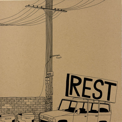 Illustration of a car under a 'REST' sign on a brown background. 