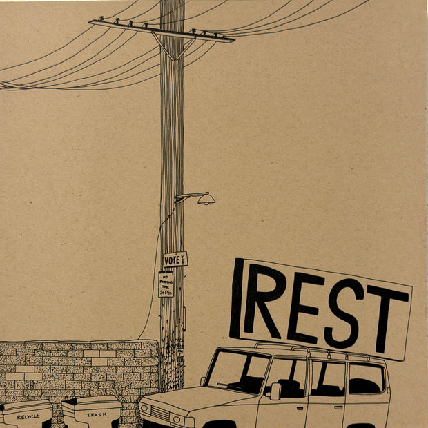 Illustration of a car under a 'REST' sign on a brown background. 