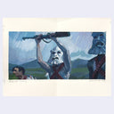 Artistic depiction of a figure holding a rifle with a mountainous background