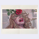 Artistic depiction of a woman with a red rose in her hair against a light background