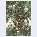 Watercolor and ink illustration of a tree with many skeletons hanging around it and owls.