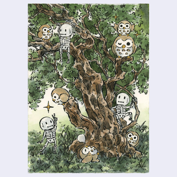 Watercolor and ink illustration of a tree with many skeletons hanging around it and owls.