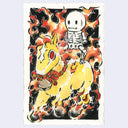 Cartoon skeleton standing atop of a fiery horse.