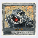 Illustration of a monster emerging from a television screen with 'Gamera' text.