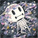 Watercolor illustration of a cartoon skeleton with a very large head, floating amongst a galactic sky with purple smoky clouds around and tiny skeletons also floating around.