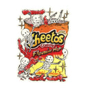 Cartoon illustration of a bag of Flamin' Hot Cheetos with small, cute skeletons playing in it.