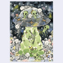 Illustration of aliens and skeletons around a UFO with a green alien on a starry background