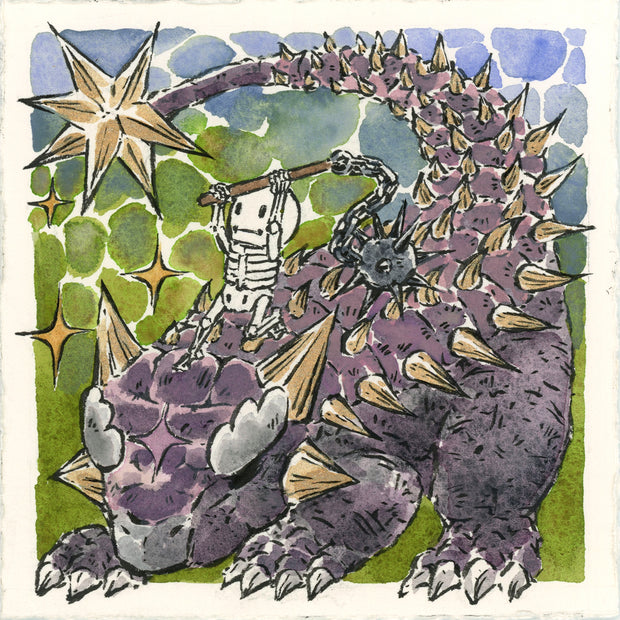 Illustration of a purple, spiked dinosaur with cute cartoon skeleton standing atop its back and wielding a spiked mace.