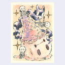 Illustration of an upside ice cream cone, shaped with the face of a skeleton. A cloud of smoke shaped like a cat comes out from its eye and smaller skeletons decorate the scene.