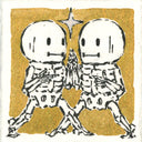 Two skeletons holding hands with a star above them on a gold background