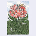 Illustration of a skeleton on top of a large pink flower with a blue sky background
