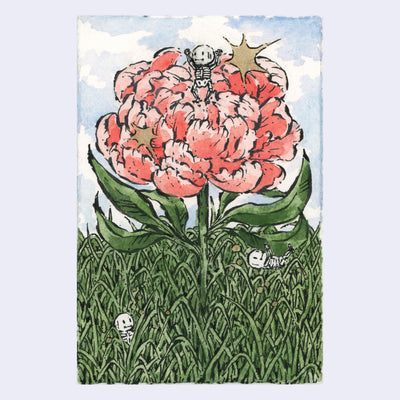 Illustration of a skeleton on top of a large pink flower with a blue sky background