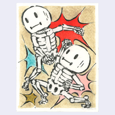 Cartoon-style illustration of two skeletons on a textured background