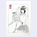 Ink drawing of a girl in a school uniform sitting on her knees, as a skeleton comes out of her stomach.