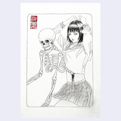 Ink drawing of a girl in a school uniform sitting on her knees, as a skeleton comes out of her stomach.