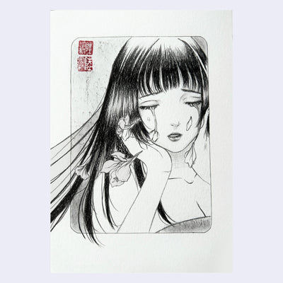 Charcoal sketch of a girl with long, straight hair crying flowers.
