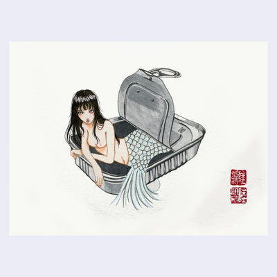 Illustration of a topless mermaid, sitting in an open tin can made for fish.
