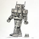 Ink and watercolor illustration, mostly gray and white, of a robot standing and walking over three small figures on a light background