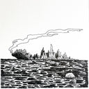 Black and white illustration of a kaiju monster partially emerging from water, with its spiked back looking like a mountainous landscape.