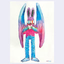 Artwork of a blue and pink bat character holding a heart.