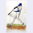Artistic illustration of a baseball player in a batting stance on a field.