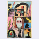 Artistic collage with various portraits and abstract elements on a light blue background