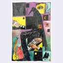 Artistic depiction of a crow person playing a keyboard with abstract elements and symbols around.