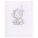 Softly rendered graphite sketch of a character wrapped in flowers with small bird fluttering around.