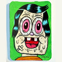 Drawing of a cartoon kid with a crazed smiling expression, pink eyes and an open mouth. His face drips sweat and the background is bright green.