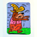 Painting of a cartoon bear, wearing a tall straw hat, running and looking frightened, with stress sweat flying off of him.
