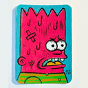 Painting of a stylized Bart Simpson, with hot pink skin and looking scared and sweaty.