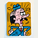 Painting of a cartoon man with an angry expression and his hands on his hip, mid yell. He wears a blue hat and a blue suit with a red tie.
