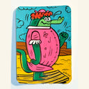 A colorful cartoon artwork featuring a green crocodile-like character wearing a pink hat and a pink oval body, standing on a yellow surface against a turquoise sky with clouds. 