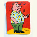 Painting of a cartoon man, with pink skin and a large nose standing and pointing, looking confused. He wears a blue and yellow polka dot shirt and green pants.