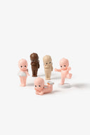 Set of five baby figurines in various poses on a white background