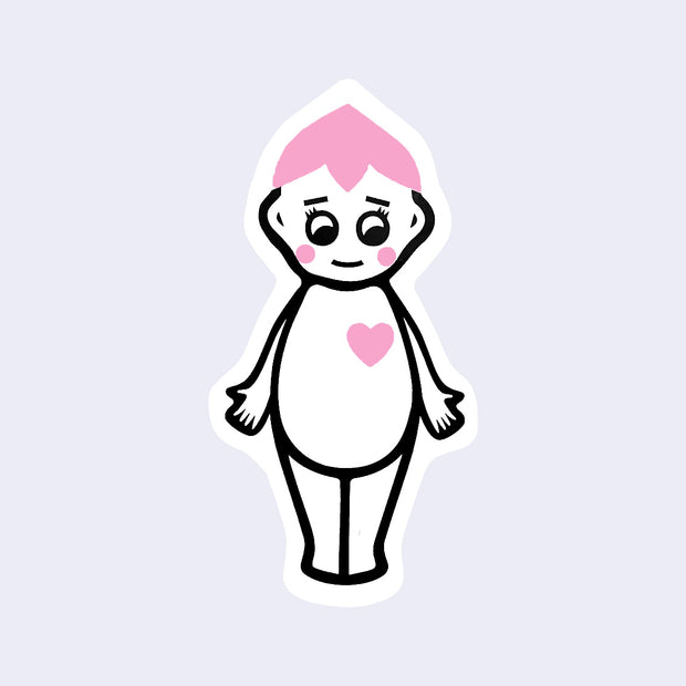 Black outlined die cut sticker of a Kewpie baby, all white with a pink flower petal atop its head and a pink heart.