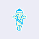 Blue outlined die cut sticker of a Kewpie baby, a pastel yellow color with a blue sash that has "Giant Robot" on it. The baby's arms are raised, making a T with its body.