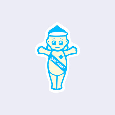 Blue outlined die cut sticker of a Kewpie baby, a pastel yellow color with a blue sash that has "Giant Robot" on it. The baby's arms are raised, making a T with its body.