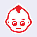 Die cut sticker featuring a stylized Kewpie baby face, with a slightly concerned look. It has a thick red outline. 