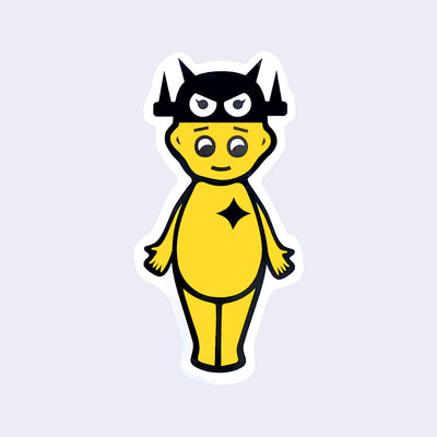 Black outlined die cut sticker of a Kewpie baby, all yellow with a black spark on its chest and a pointy robot head hat.
