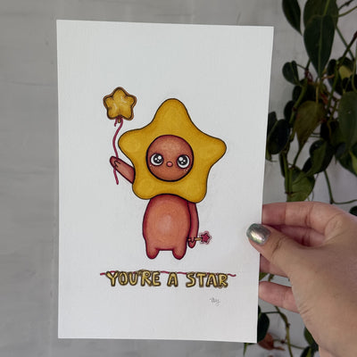 Marker illustration of a star character with a star shaped head mask and a star balloon.