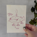 Purple ink illustration of a whale shark with small fish. 