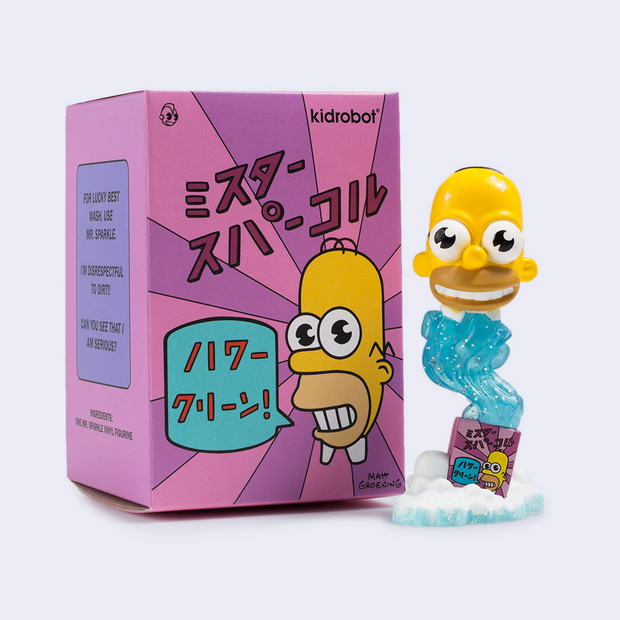 Figurine of Mr. Sparkle - a rendition of Homer Simpson as an advertisement for Japanese soap with a pink box featuring Japanese text and a colorful design